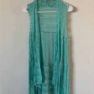 Turquoise Lace Sleeveless Cardigan